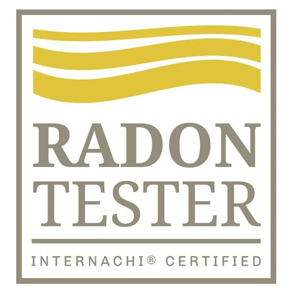 Radon tester certification label with yellow wavy lines, gray borders, and text indicating INTERNACHI CERTIFIED.