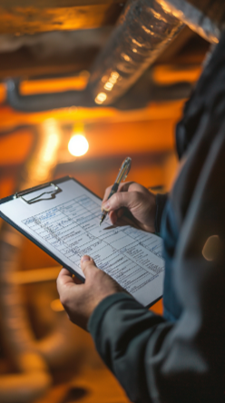 Person holding a clipboard and writing on a paper with a pen in a rustic wooden setting.