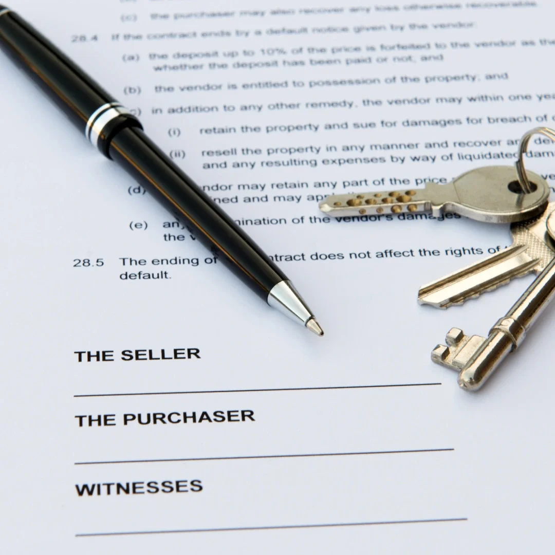 Close-up of a legal document titled 'THE SELLER' with a black and gold pen, and a set of keys resting on the paper.