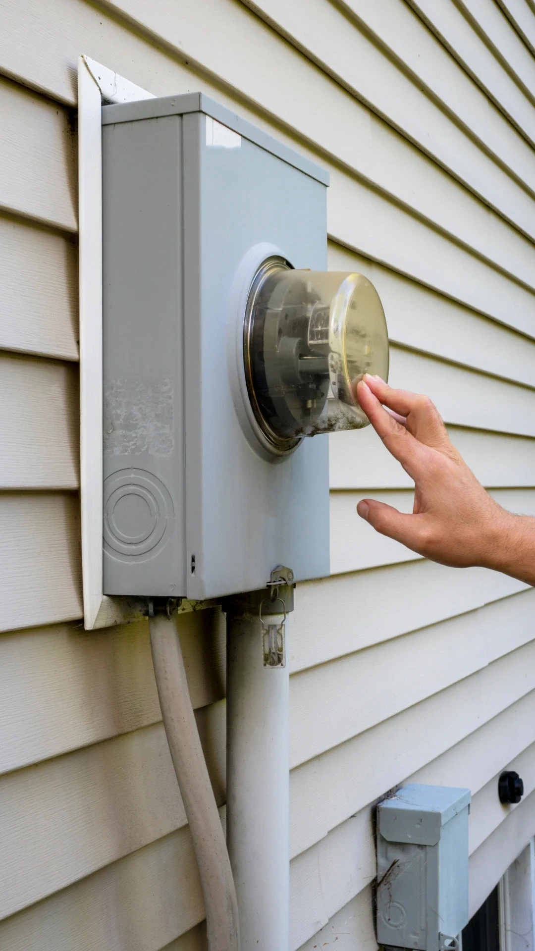 Close-up of a person's hand turning a plastic dial on an electrical meter box mounted on the beige house siding.