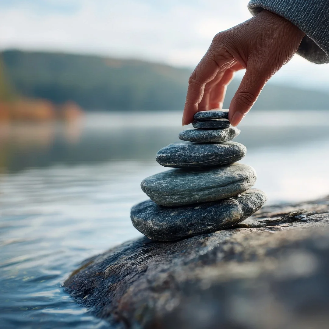 A hand stacking smooth gray stones on a rock near a body of water with blurred landscape in the background