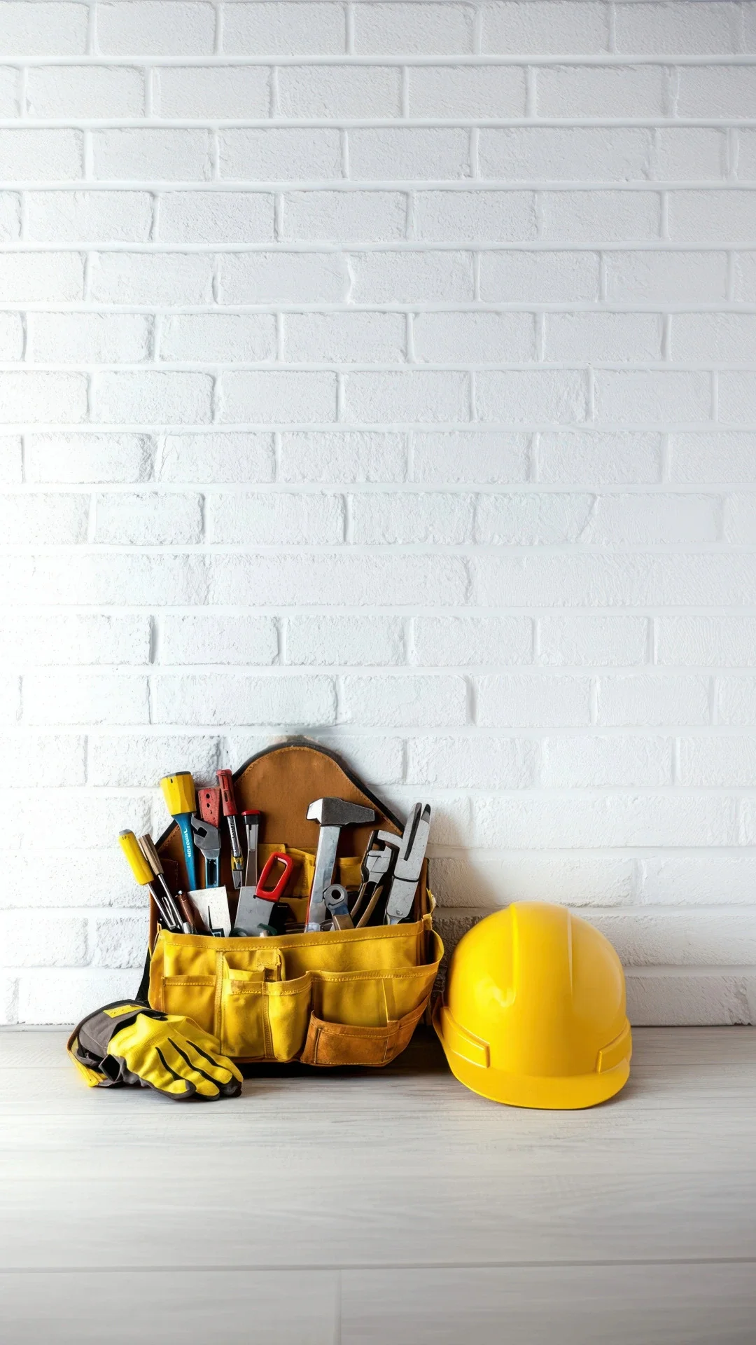 A workbench with a yellow tool bag filled with various hand tools, a pair of yellow safety gloves, and a yellow safety helmet against a white brick wall.