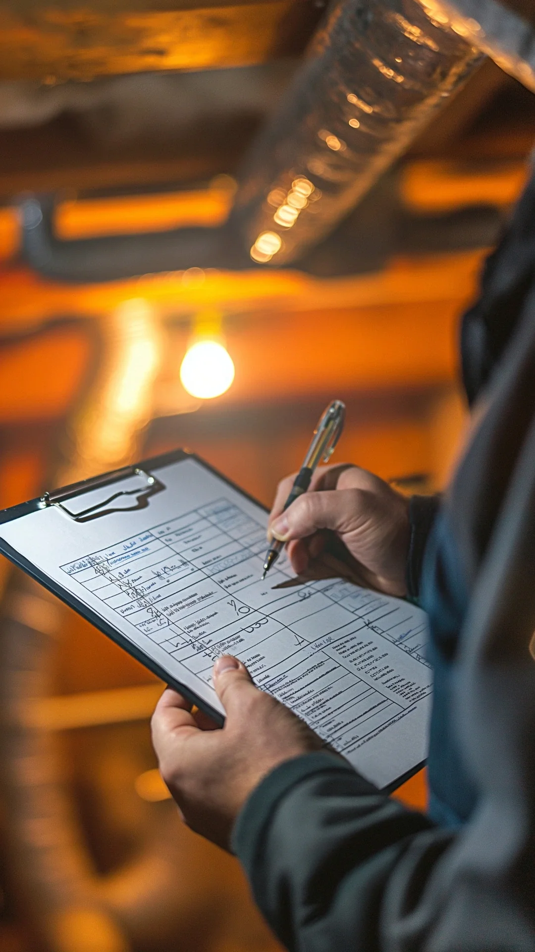 Person holding a clipboard and writing with a pen, in an industrial setting with warm lighting.