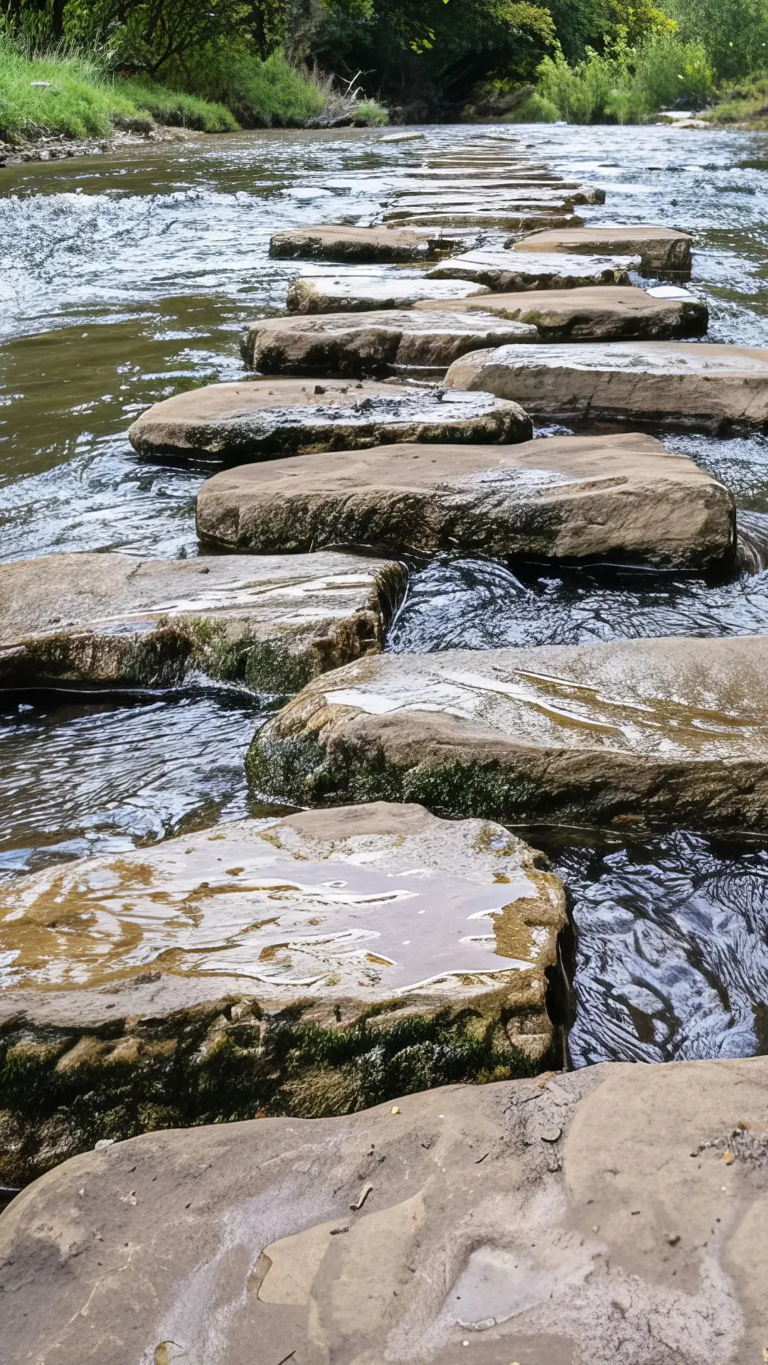 A stream with a pathway of flat rocks crossing over it, surrounded by green trees and bushes.