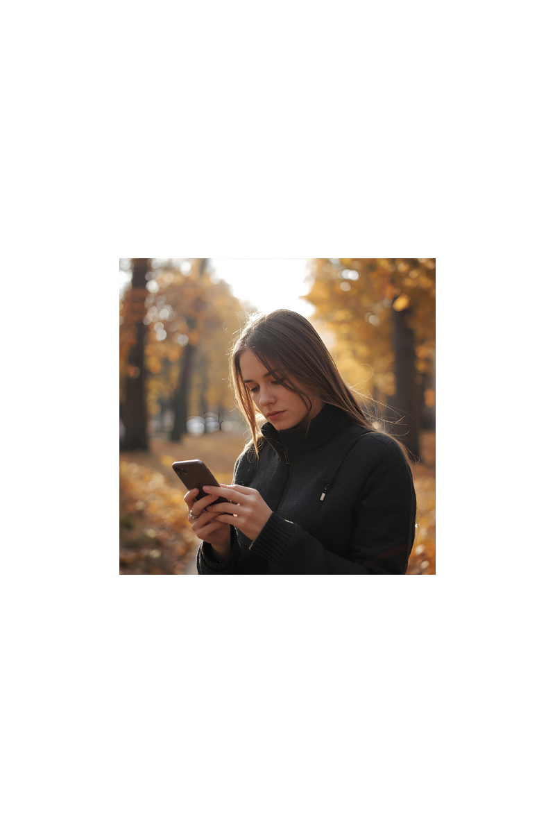woman in coat scrolling on mobile phone in autumn