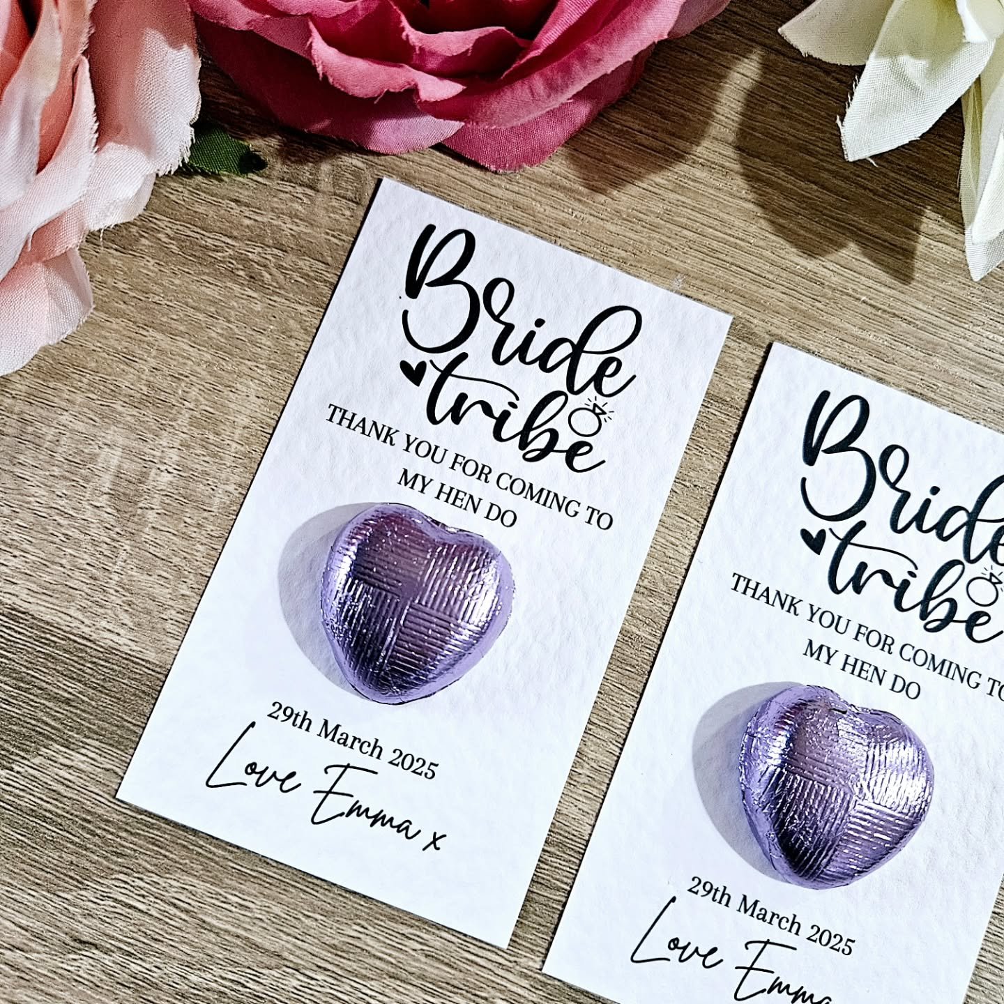 FAVOURS 💜
Any design, any occasion, any wording, any chocolate foil heart colour. Sample only &pound;1.25.. DM me 🥰
.
.
.
.
#choco #chocolate #favours #heartchocolate #henpartyfavours #henpartyideas #bridalinspiration #birthday #partyfavors #party 