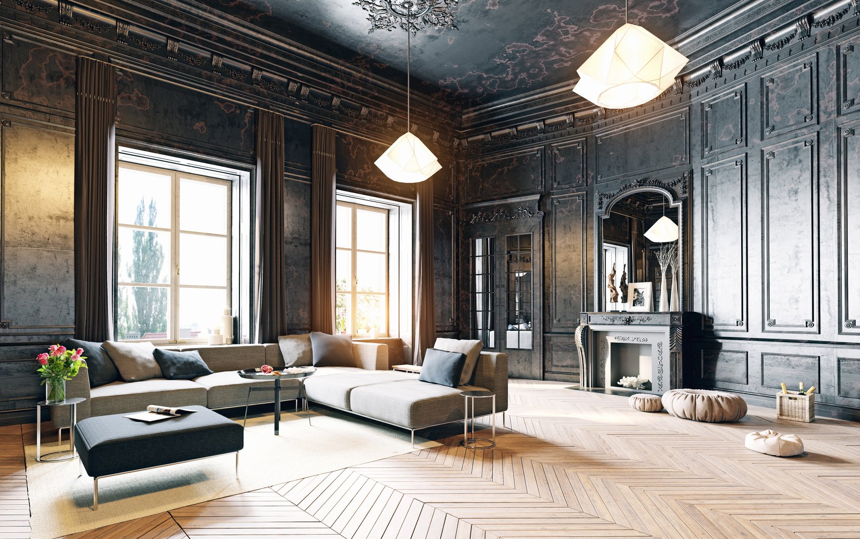Sala de estar elegante con paredes de madera oscura, grandes ventanas con cortinas marrones, sofá beige, mesa de centro y accesorios decorativos blancos, alfombra clara, pisos de madera en patrón diagonal, espejos y lámparas modernas.
