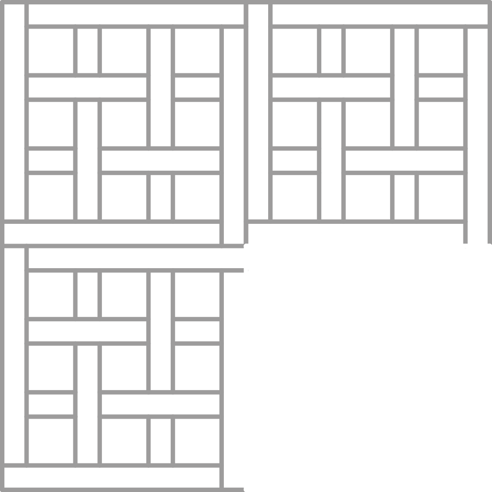 Dibujo de una estructura de madera con divisiones en forma de rejilla o enrejado, formando varias secciones rectangulares y cuadradas.