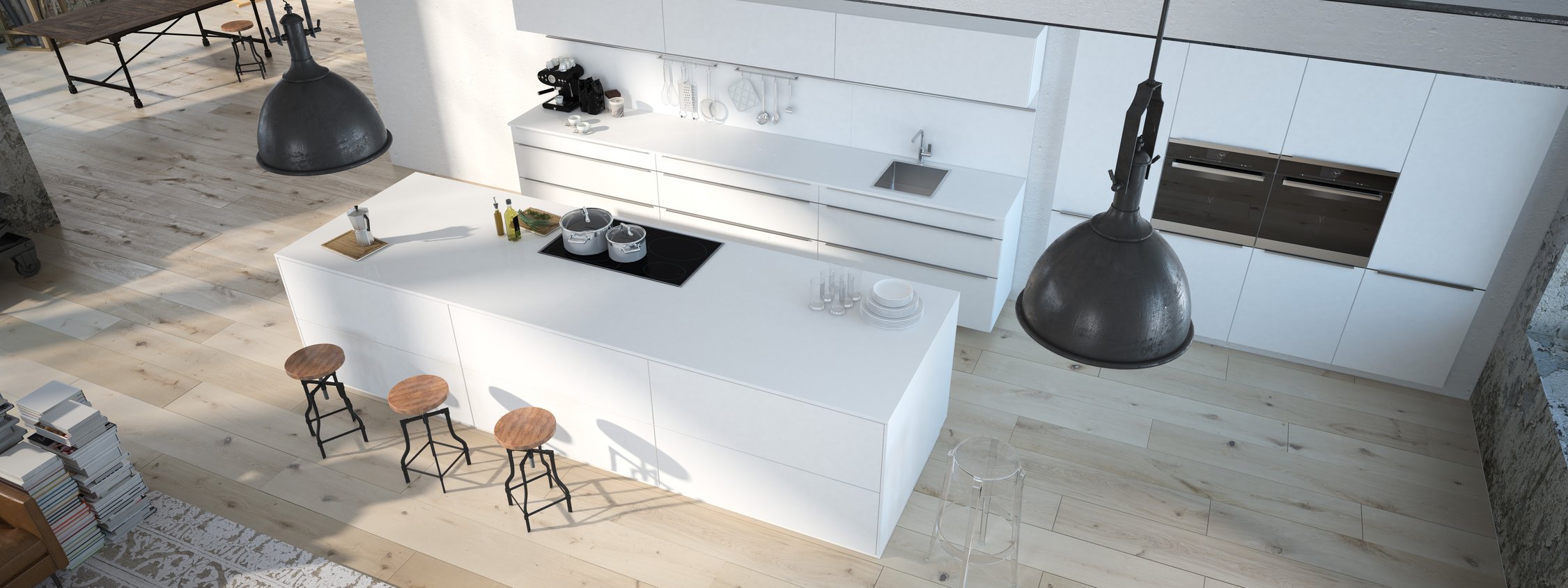 Cocina moderna con isla central blanca, lámparas negras colgantes, paredes blancas, electrodomésticos integrados y taburetes de madera en la barra.
