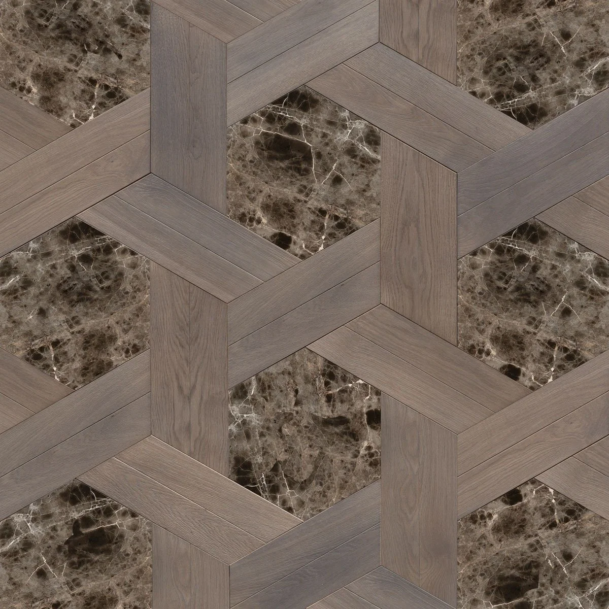 Patrón de piso con baldosas de mármol marrón oscuro y listones de madera formando un diseño geométrico en formas de cubo.