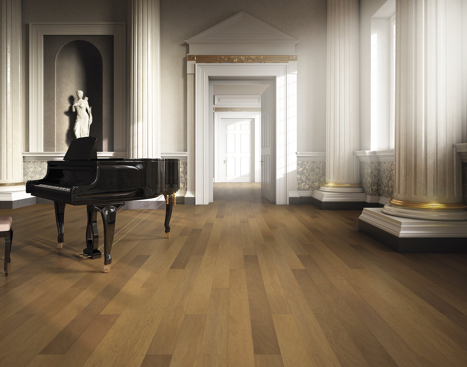 Sala elegante con pilar, estatua clásica y piano negro en madera