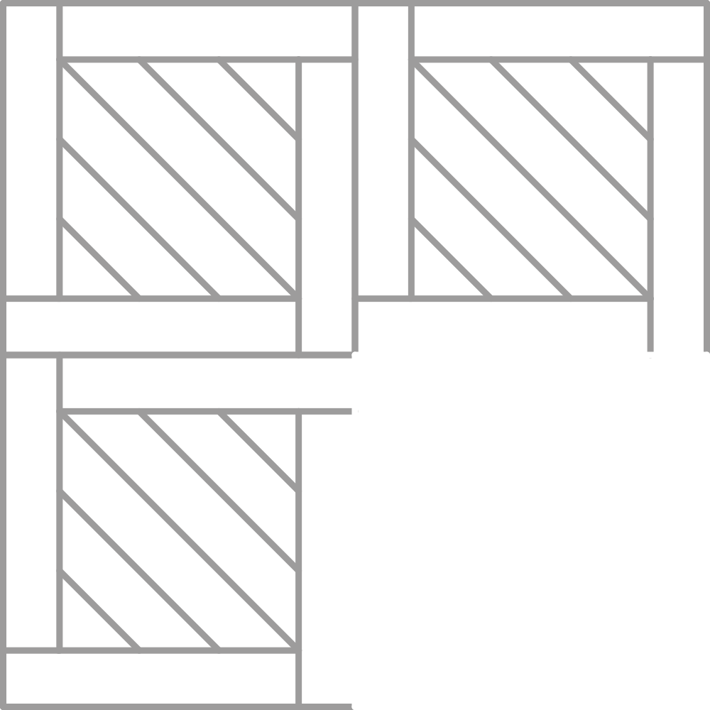 Cuatro cajas de madera apiladas en una estructura de estantería, con diferentes patrones de vetas de madera en cada una.