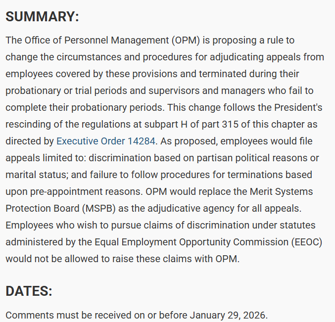 Text describing the summary of the proposed probationary changed by OPM