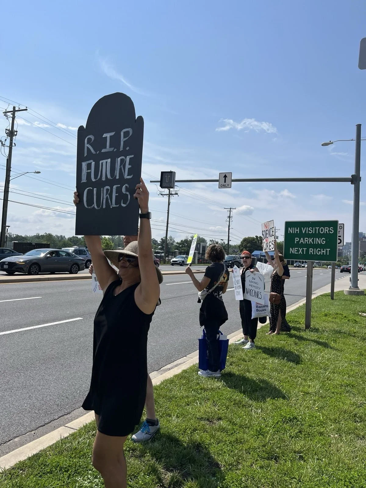 Protestors hold signs up by the roadside