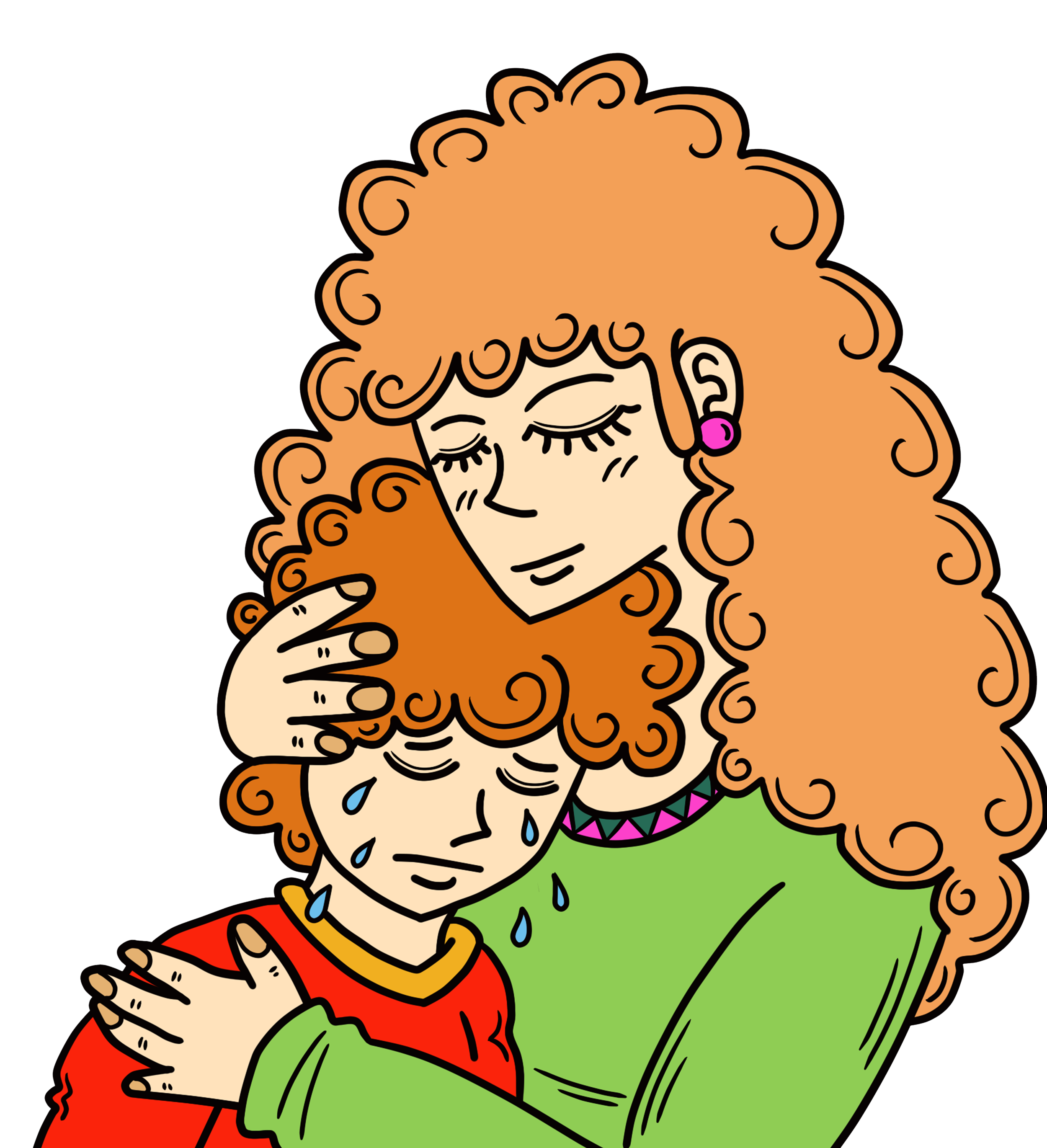 A graphic showing a woman hugging and comforting a crying child.
