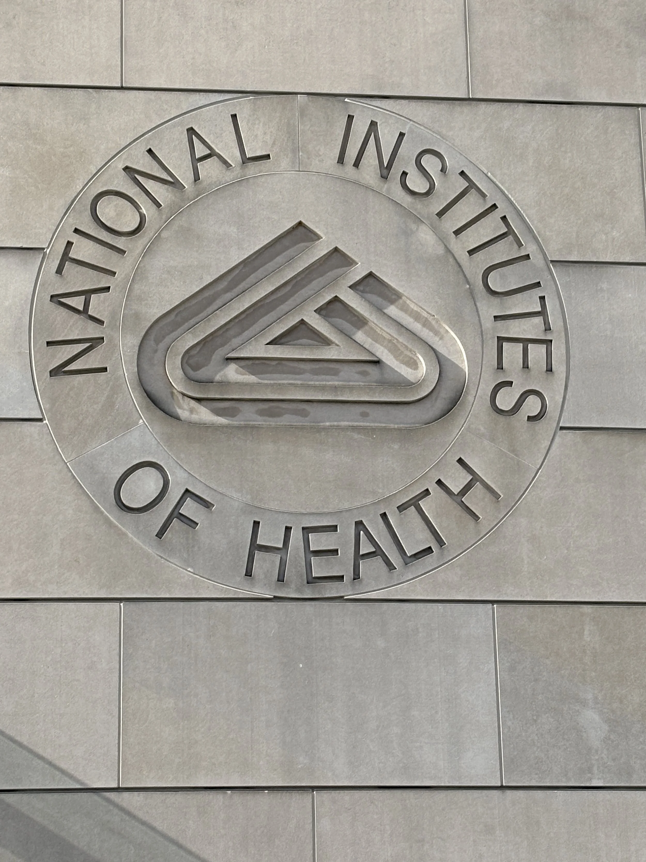 A closeup of an old NIH logo carved into the side of a building