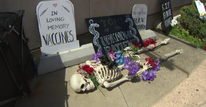 A plastic skeletons with flowers and tombstone-shaped protest signs