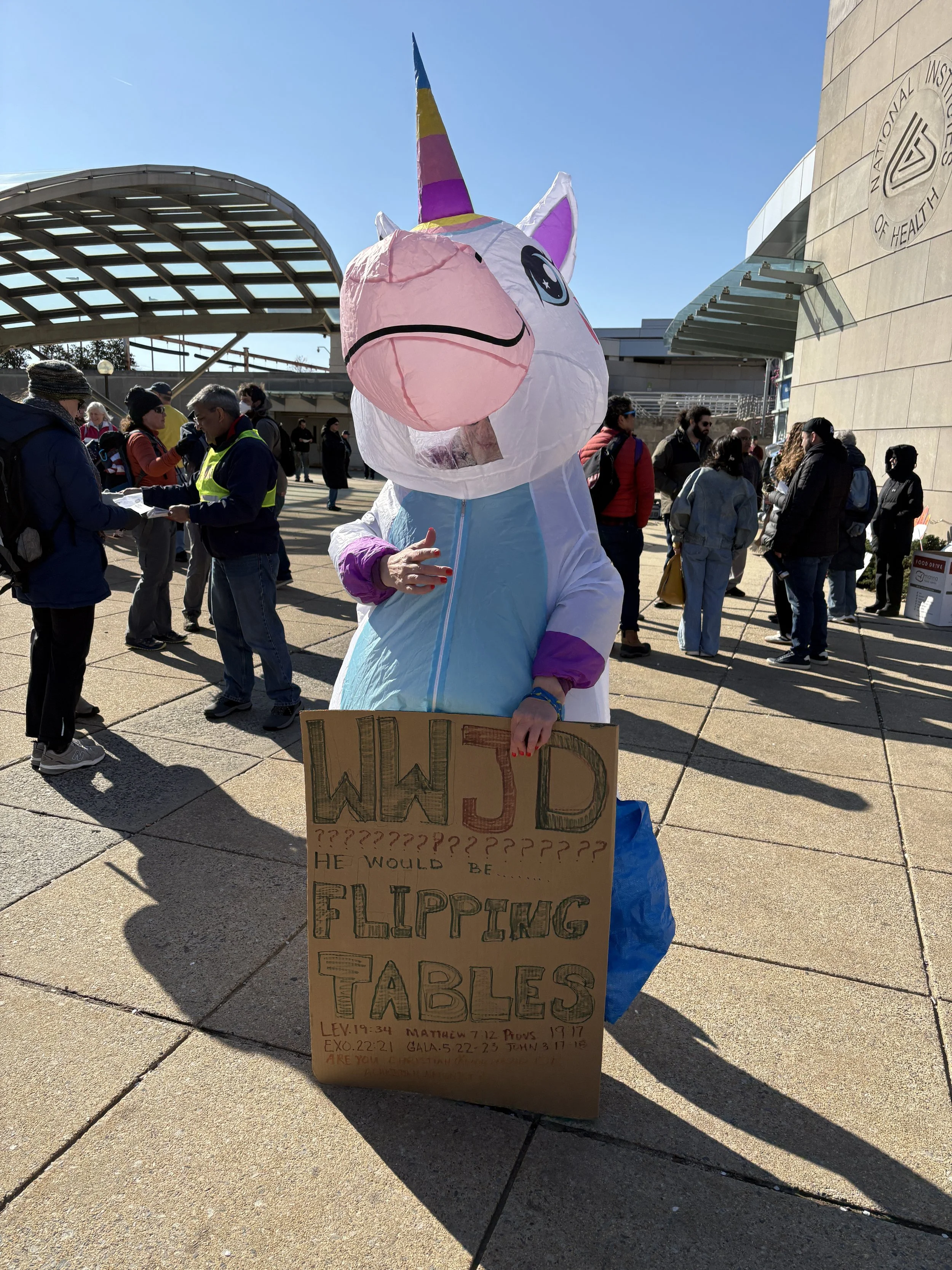 A person in an inflatable unicorn costume, holding a protest sign saying "WWJD? Flipping Tables."
