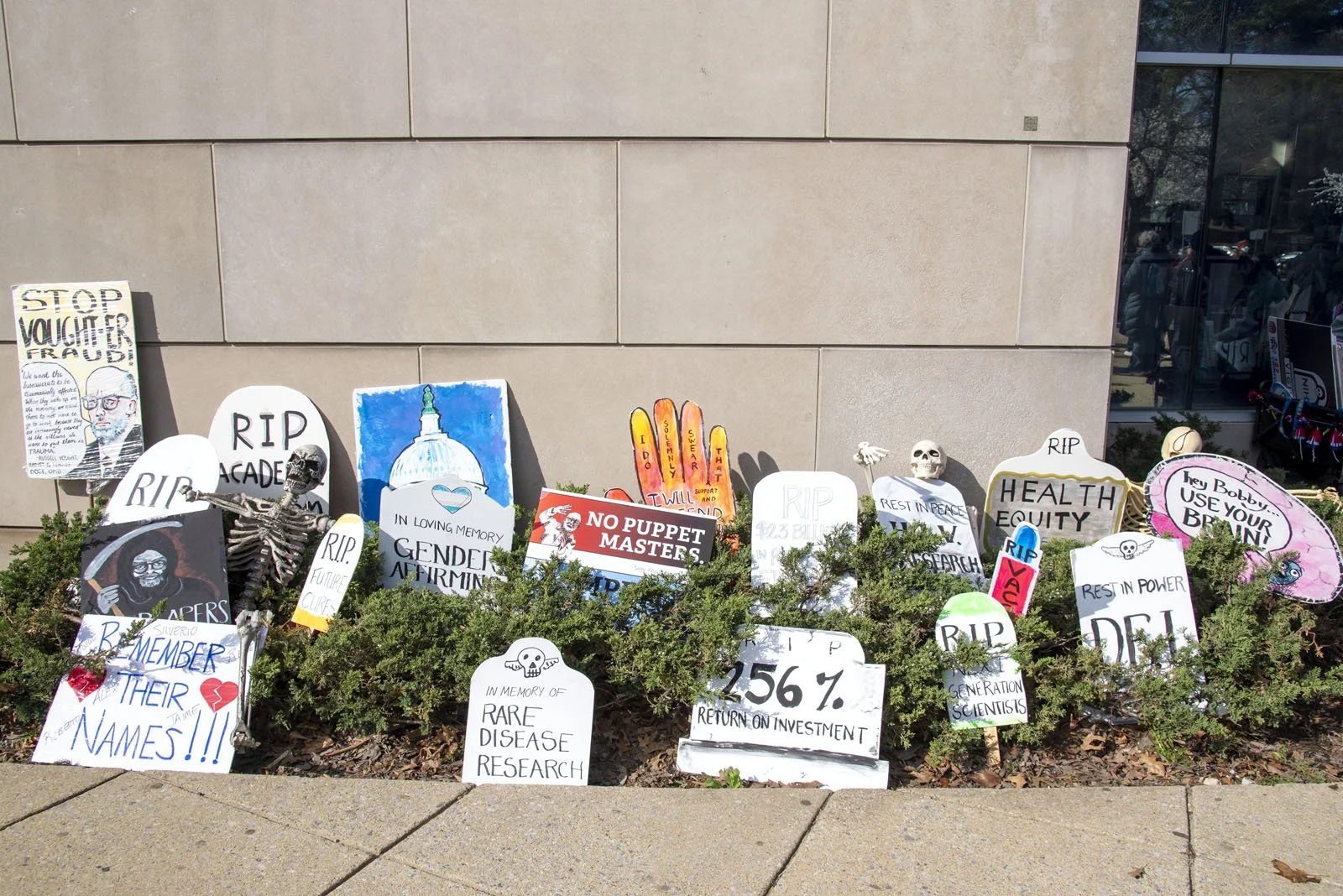 The graveyard of tombstone-shaped protest signs