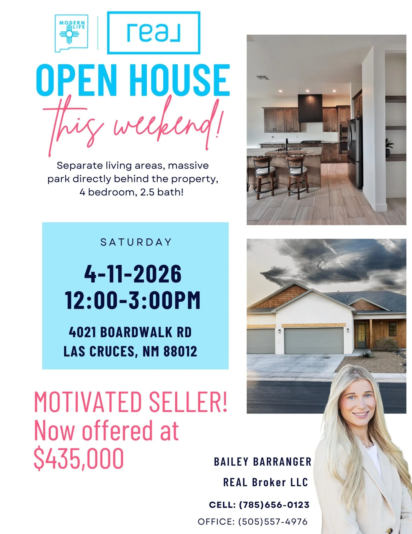 Open House This Saturday 🏡✨
4021 Boardwalk Rd | 12:00&ndash;3:00 PM

Now offered at $435,000 &mdash; MOTIVATED SELLER

If you&rsquo;ve been waiting for the right opportunity, this is it. This home offers flexible living with both upstairs and downst