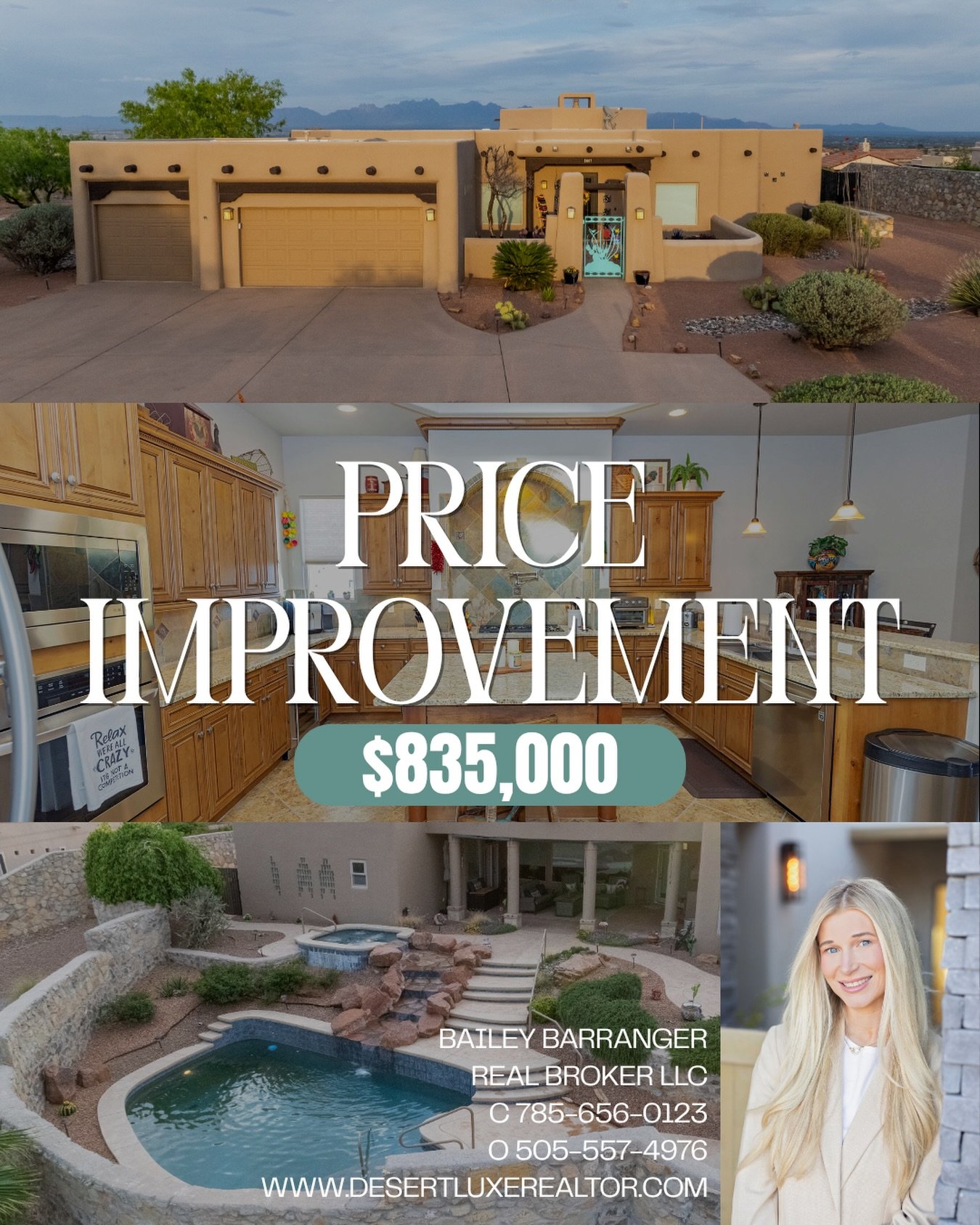Price improvement on this stunning Picacho Hills home in Las Cruces with breathtaking Organ Mountain and city views. 8009 Constitution Road is now $835,000!

Southwestern custom design with wood-beamed ceilings, rock fireplace, and a spacious layout.
