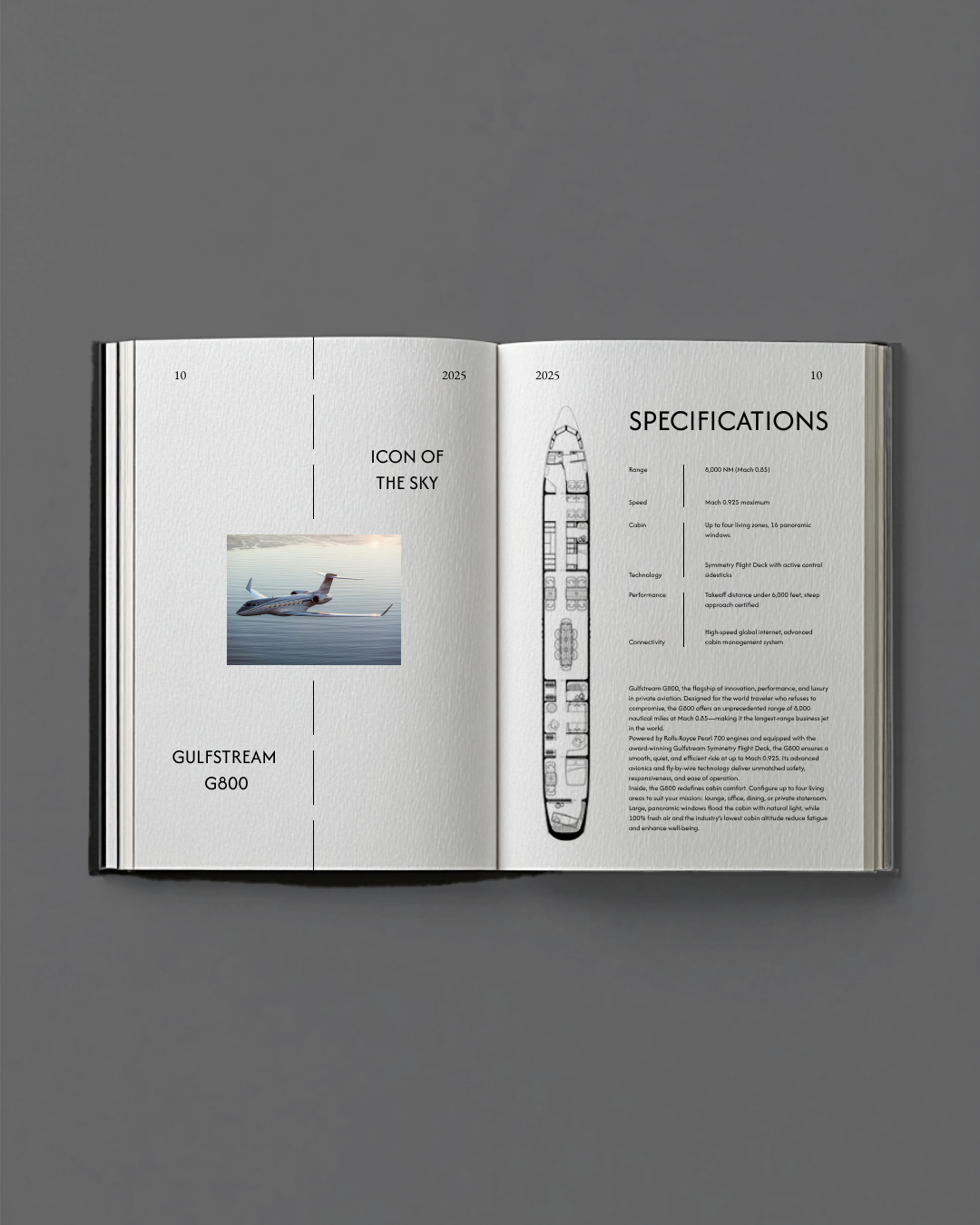 Open brochure with specifications of the Gulfstream G800 aircraft, including a diagram of the aircraft layout, with text detailing range, speed, cabin features, technology, performance, and connectivity, and a photo of the aircraft flying over water.