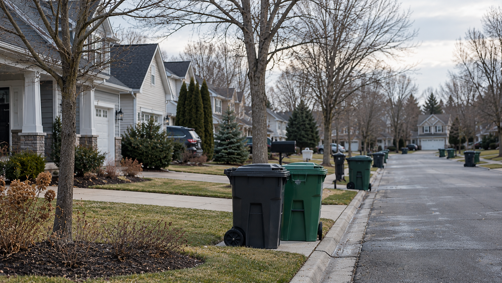 Trash and recycling bins placed along a residential street