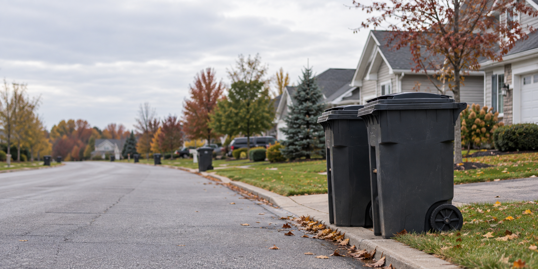 Trash cans at the curb in a residential neighborhood