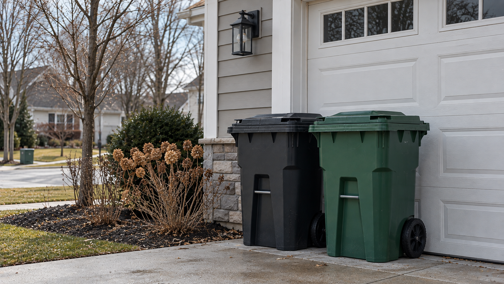 Trash and recycling bins stored neatly beside a residential garage