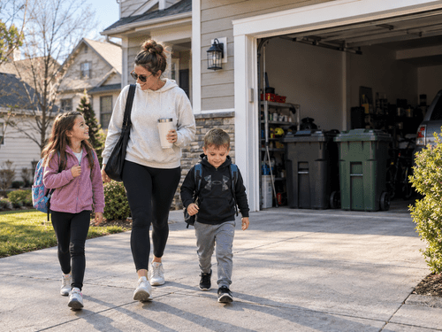 Busy family leaving their home