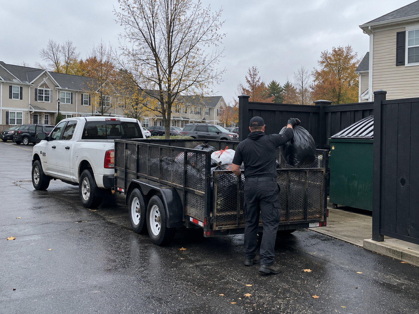 Trash bags being transported by utility trailer to a community dumpster