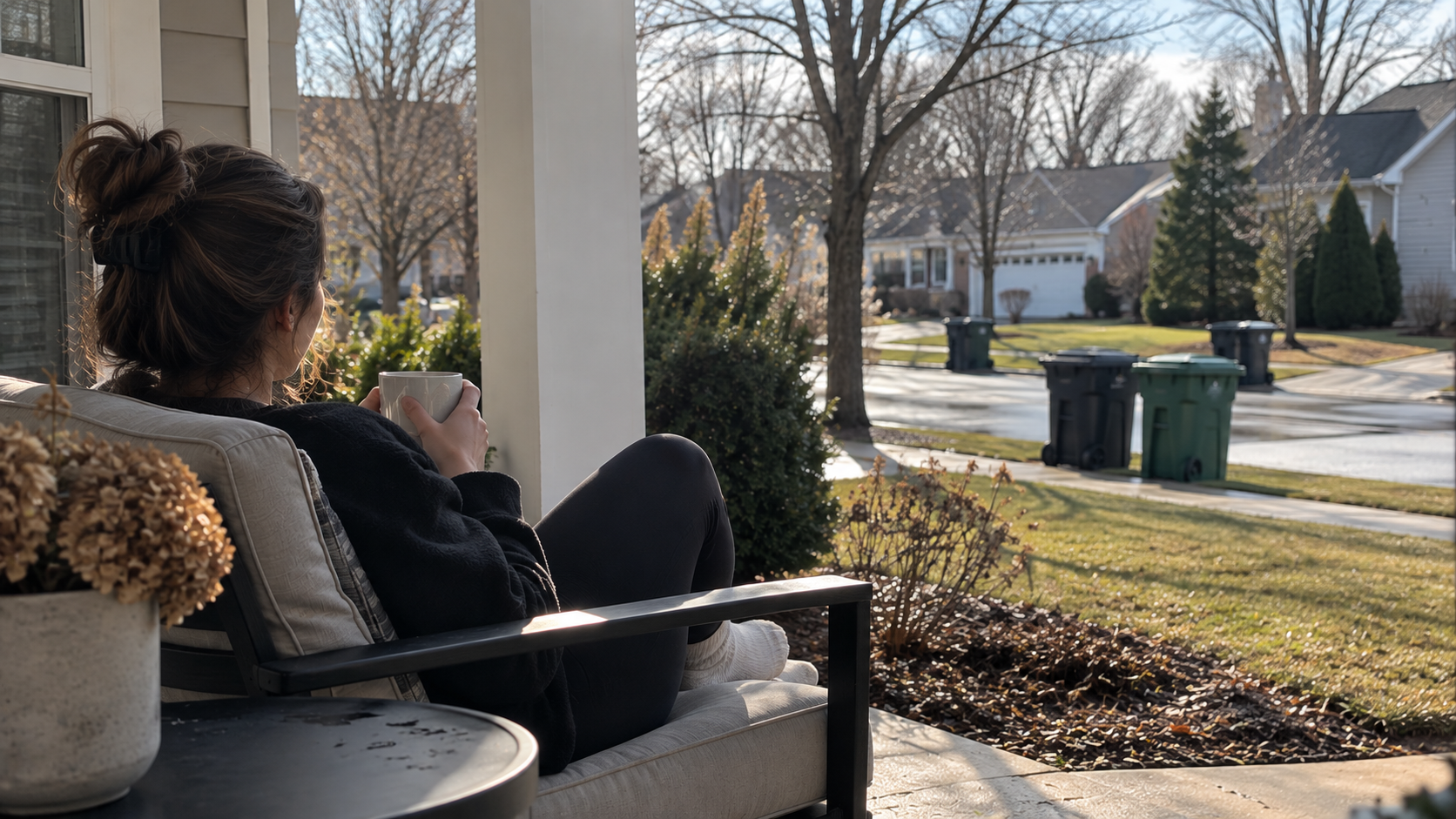 Homeowner relaxing outside while trash day is handled