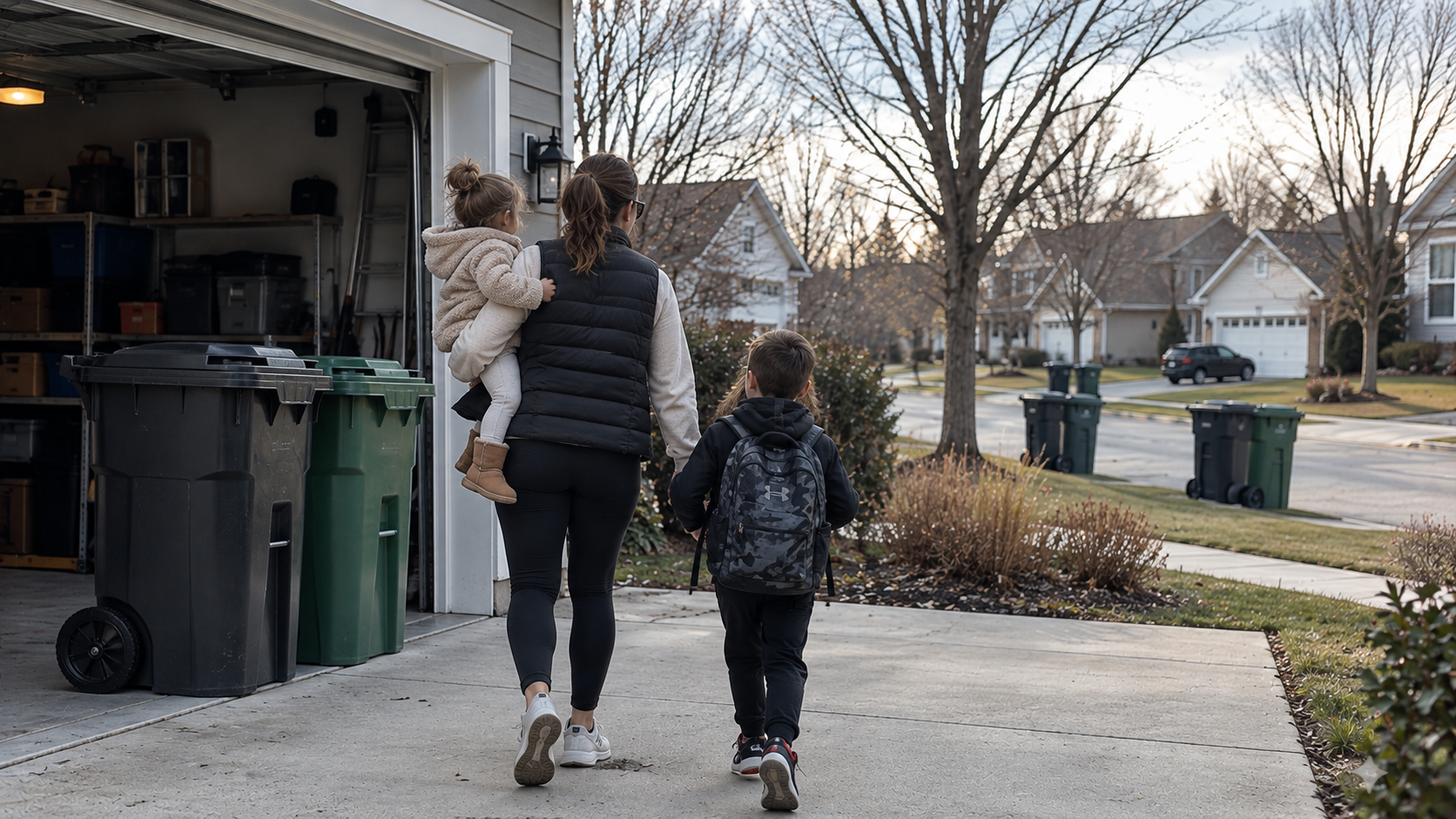 Family leaving home with trash and recycling bins stored near the garage