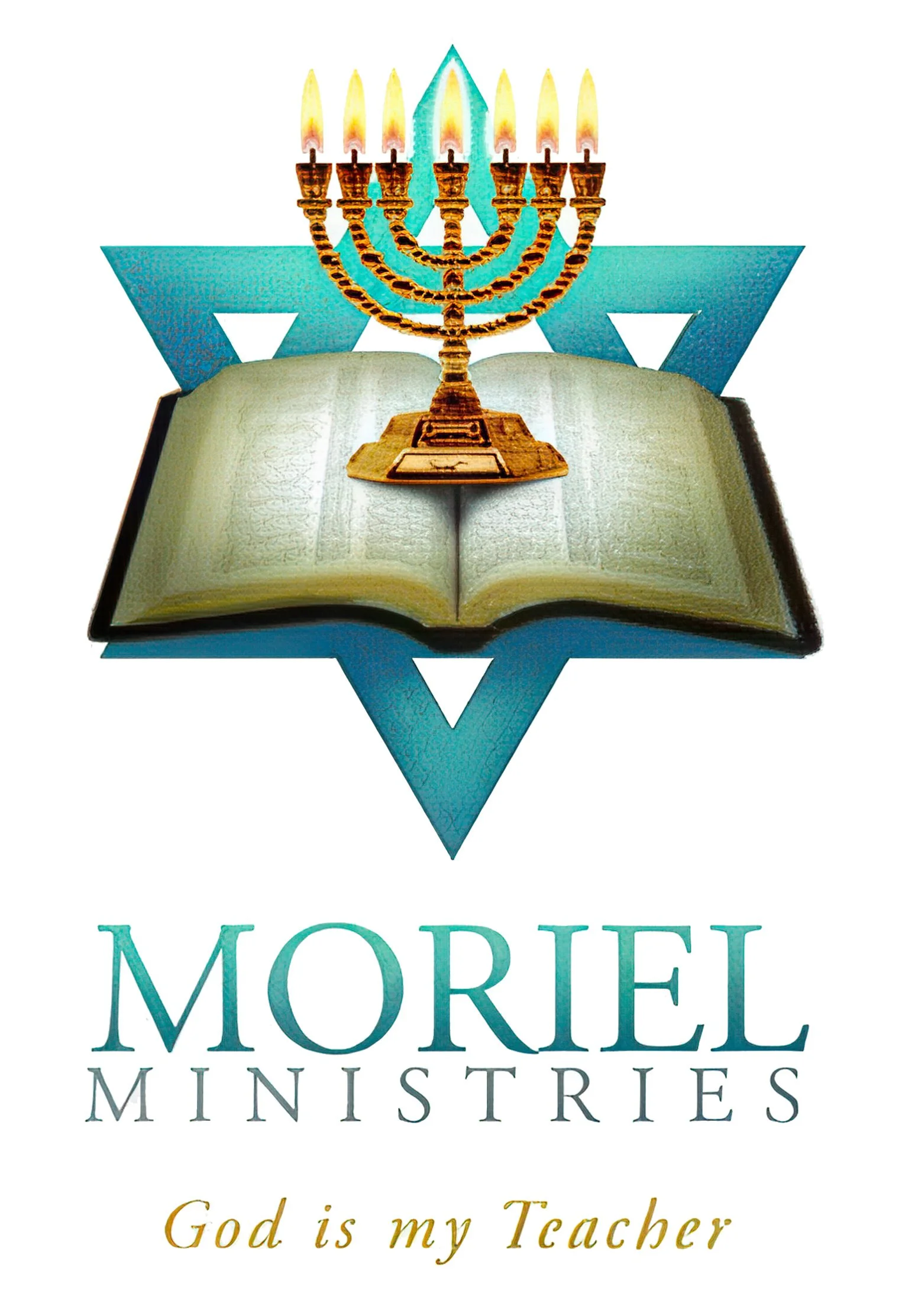 Logo for Morel Ministries featuring an open Bible with a menorah on top, all inside a blue Star of David, with the text 'Morel Ministries' and the slogan 'God is my Teacher'.