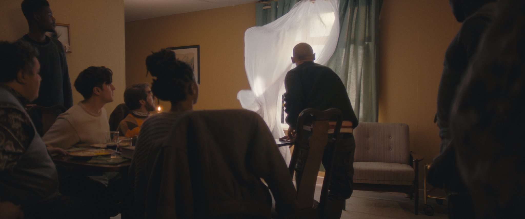 Season One, Episode One: The Apostles stand as the Holy Spirit arrives in the Upper Room.