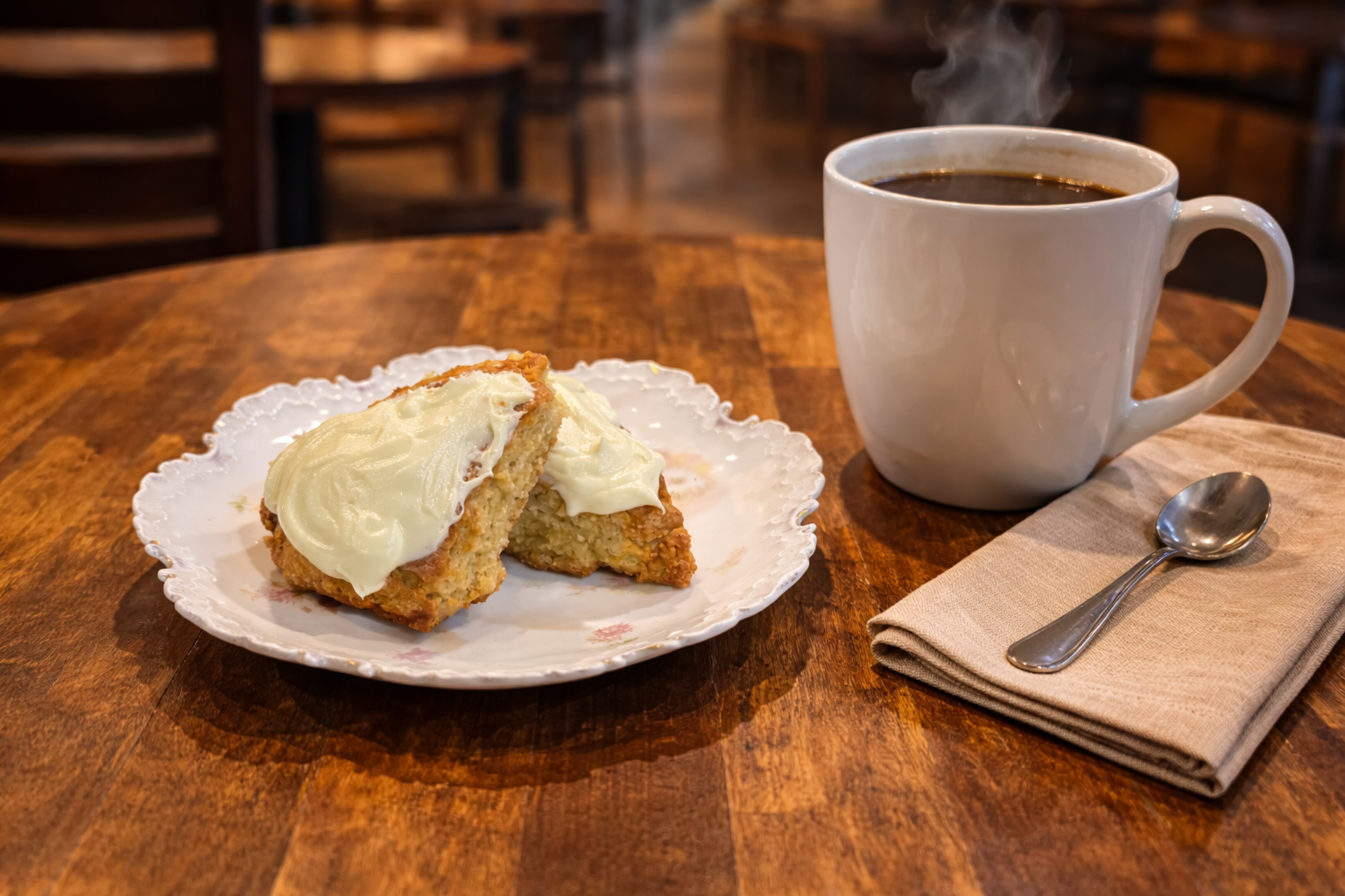 Image of lemon scones and mug of coffee on table