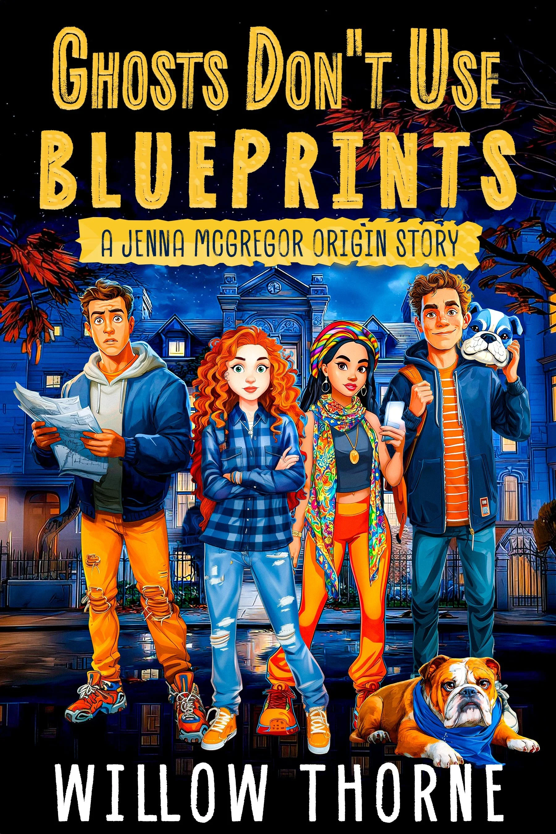 Book cover for Ghosts Don't Use Blueprints by Willow Thorne, a Jenna McGregor Mystery prequel.