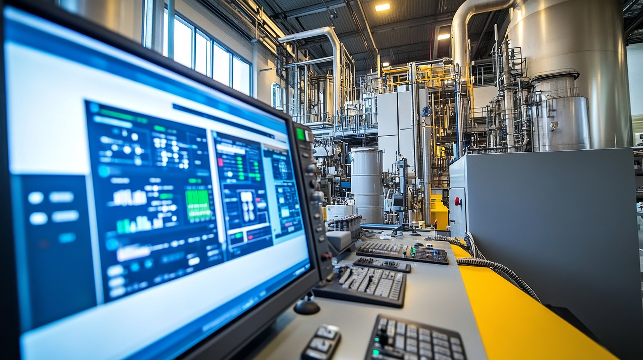 Control room monitor displaying data and machines in an industrial facility.