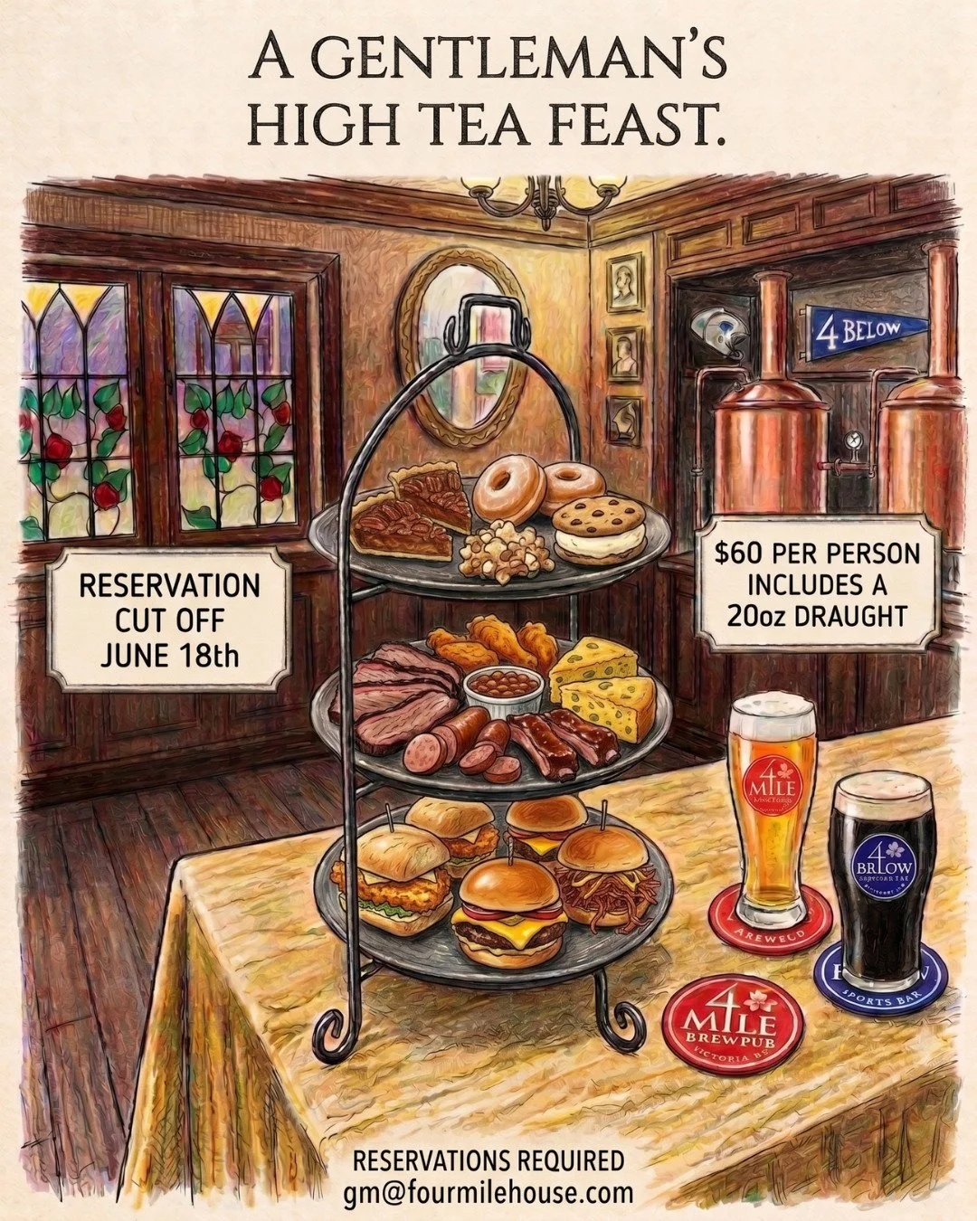 DITCH THE FINGER SANDWICHES. THIS IS FATHER&rsquo;S DAY HIGH TEA.⁠
⁠
Looking for the ultimate Father's Day plans? We&rsquo;ve got you covered at 4 Mile Brewpub &amp; 4 Below Sportsbar for our 1st Annual Gentleman's High Tea Feast!⁠
⁠
For $60:⁠
⁠
🔥 A