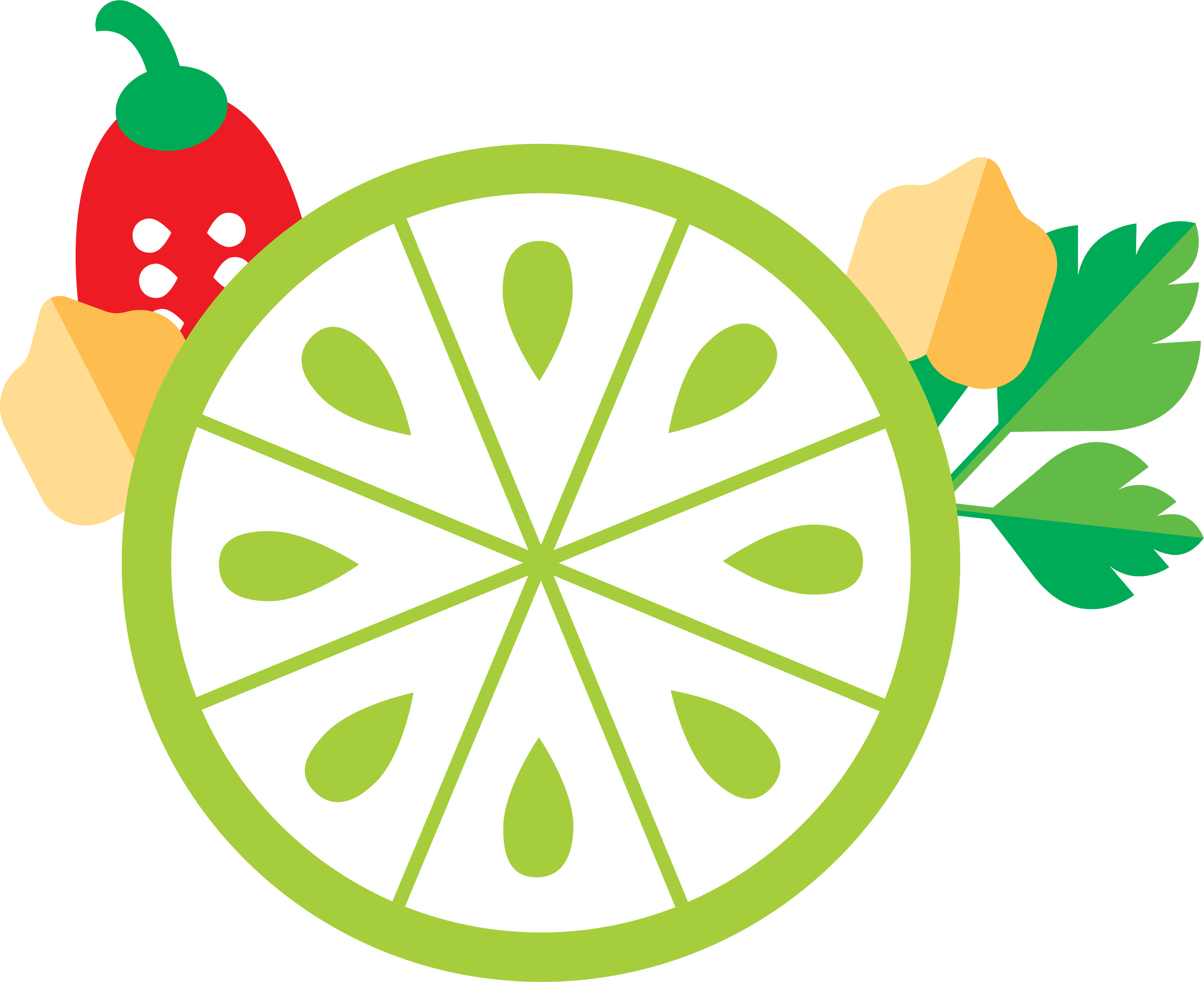 Illustration of a sliced lime with chili, chickpeas, and parsley around it.