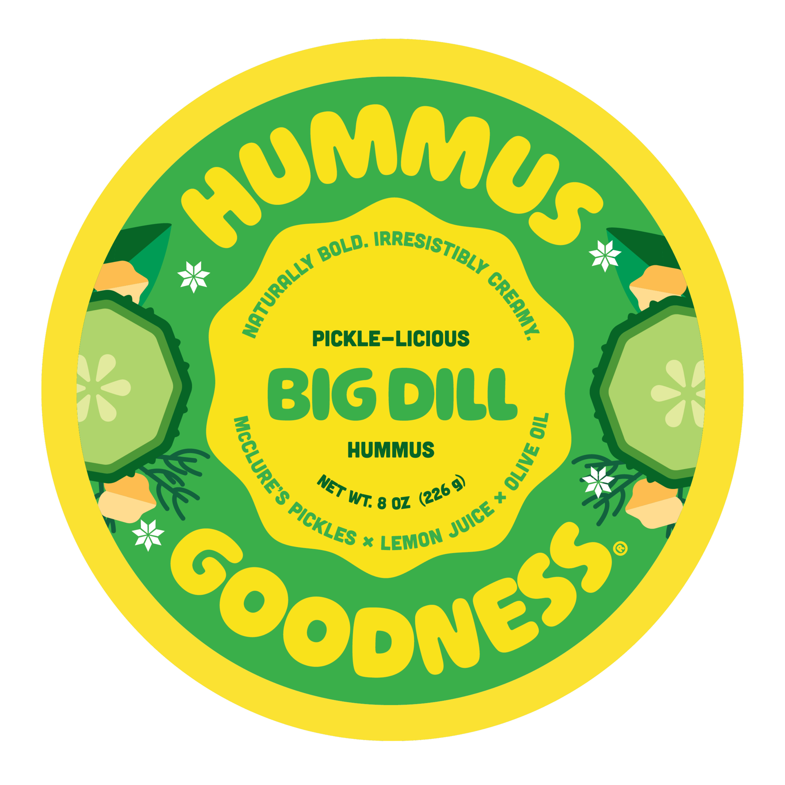 Hummus Goodness Big Dill Hummus - A round label for Goodness Hummus Big Dill flavor, featuring green and yellow colors with illustrations of cucumber slices, pickles, lemon juice, and olive oil, emphasizing bold, creamy, and pickley flavor.