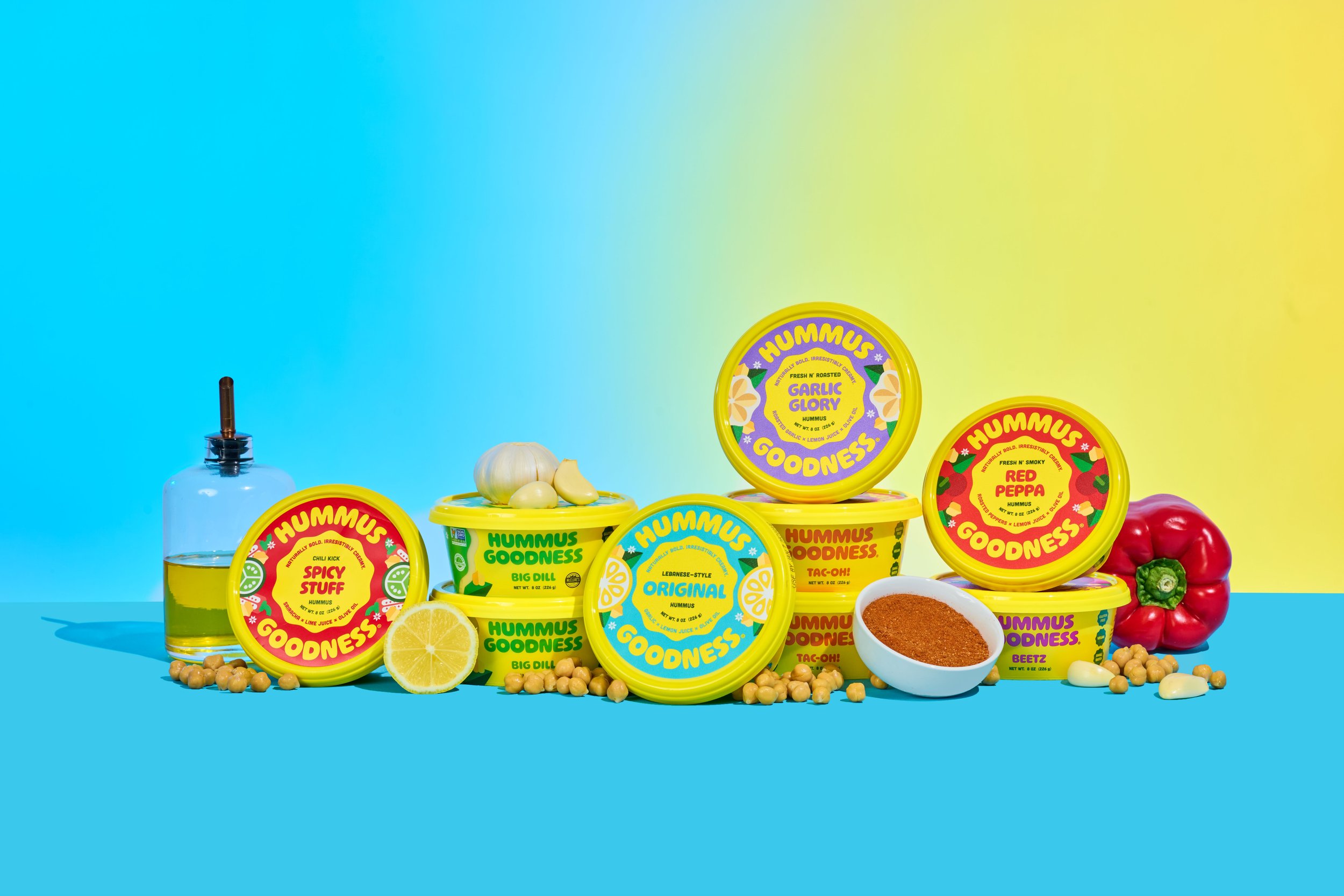 Hummus Goodness Flavors, Original Hummus, Garlic Hummus, Red Pepper Hummus, Pickle Hummus, Beet Hummus, Taco Hummus, Spicy Hummus