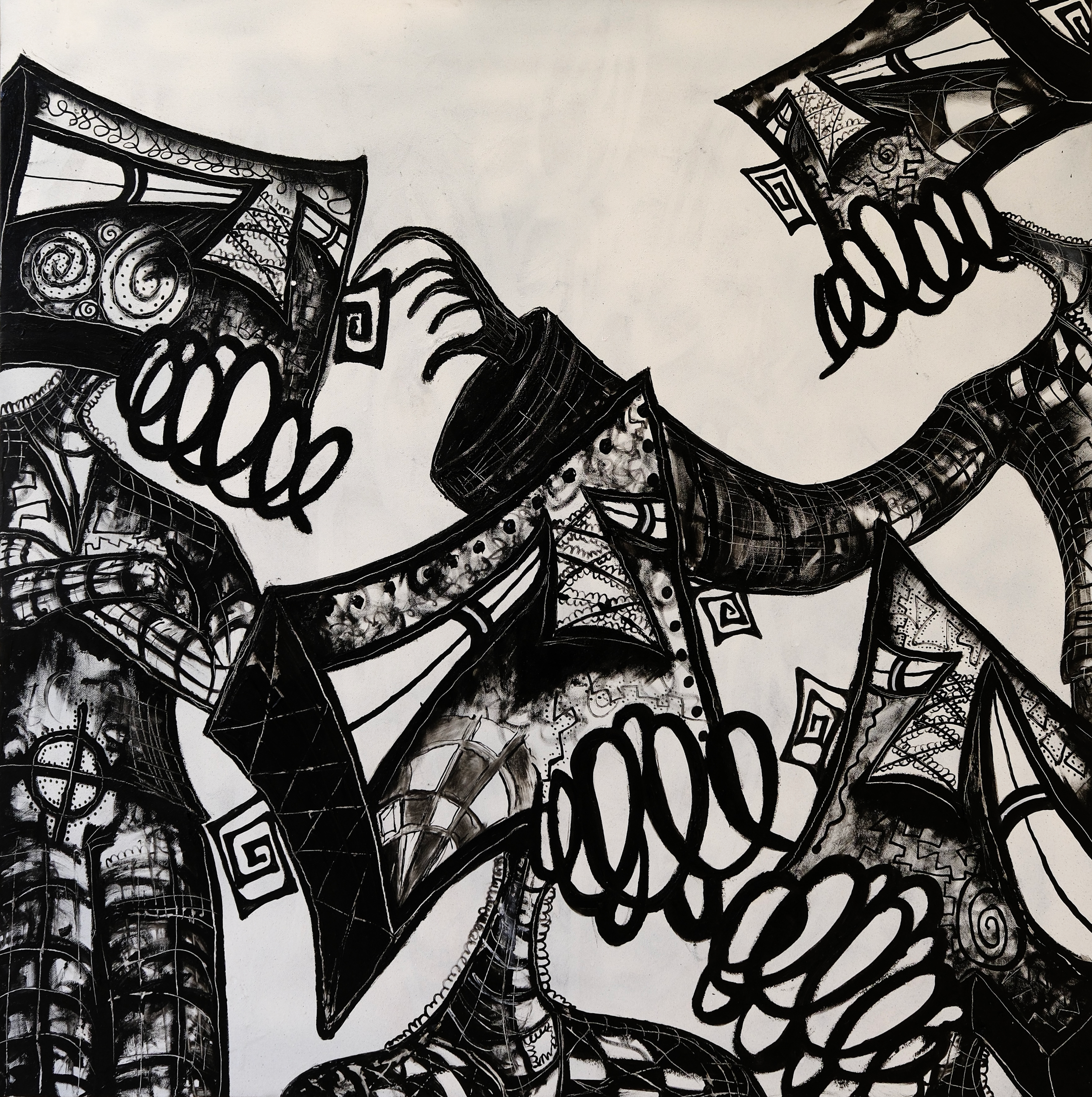 "SKELETONS" - MEDIUM: SPRAYPAINT, ACRYLIC PAINT, INK & CHARCOAL ON CANVAS - DIMENSIONS: 100 x 100 CM