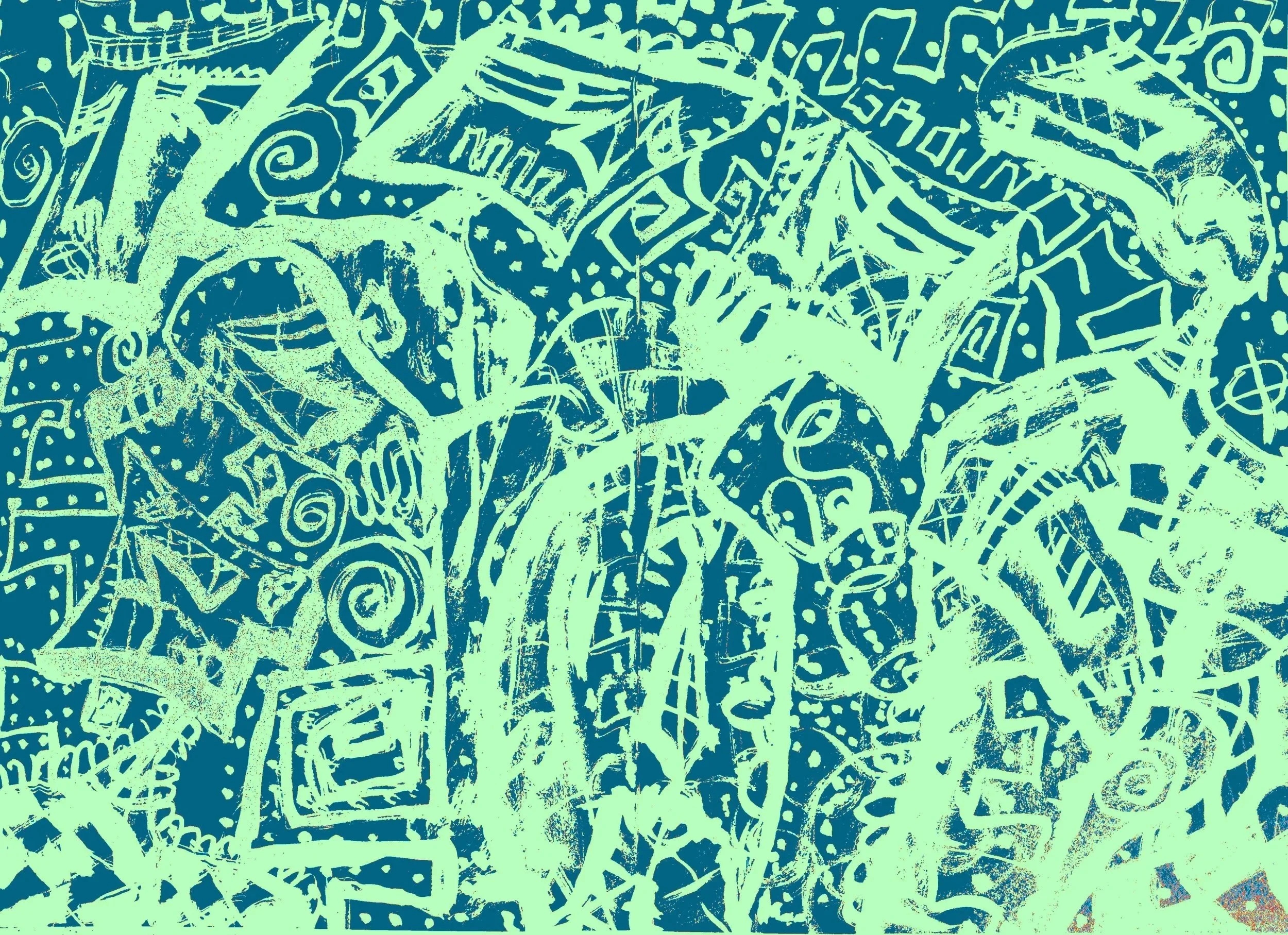 "GREEN & BLUE CLUSTER"  -                                                              
MEDIUM: INK & PENCIL ON PAPER & DIGITALLY EDITED