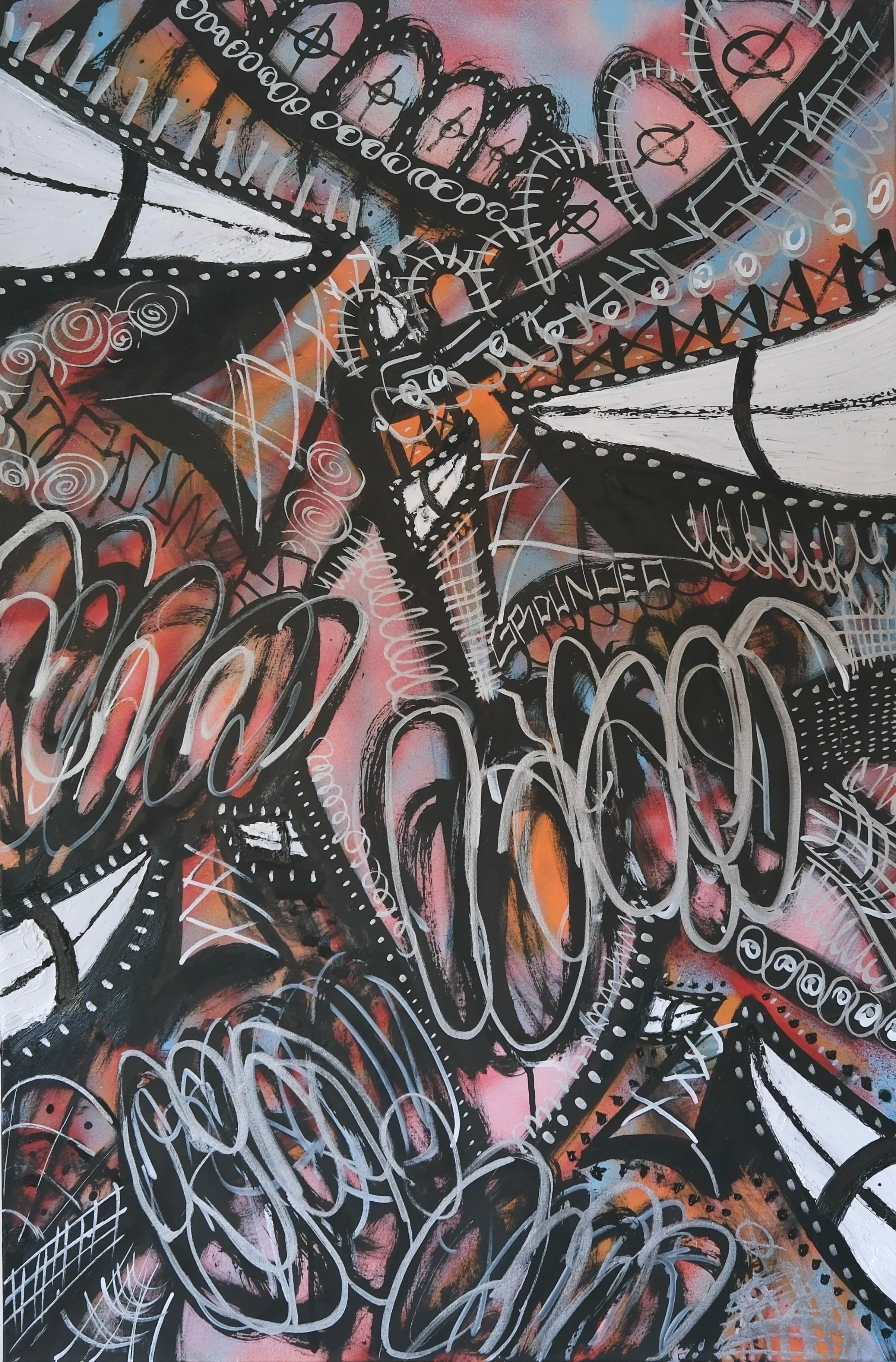 "TOGETHER" - MEDIUM: SPRAYPAINT, INK & ACRYLIC MARKERS ON CANVAS - DIMENSIONS: 90 x 60 CM