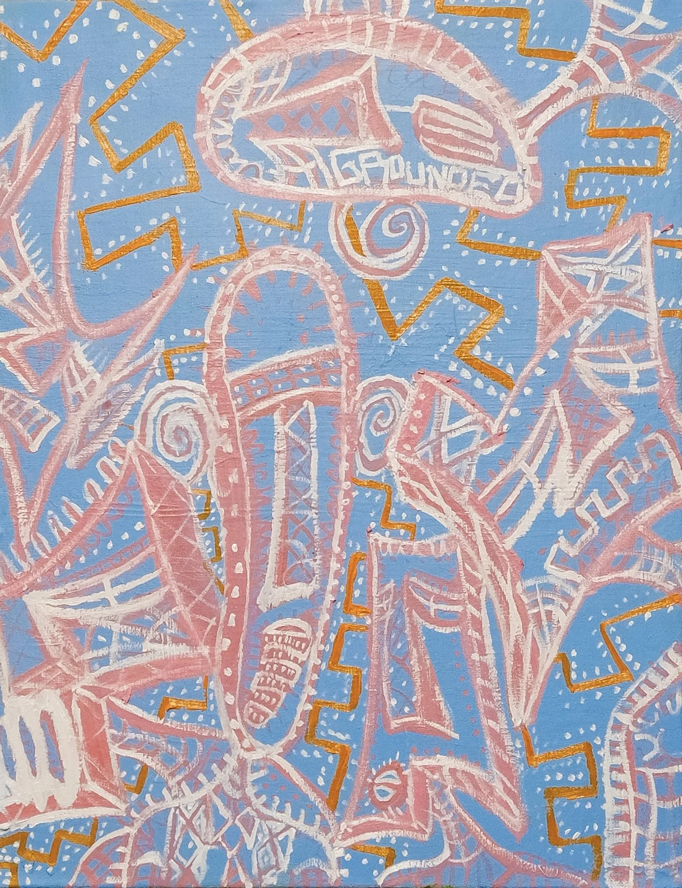 "FIGURING IT OUT"  -                                                              
MEDIUM: INK, ACRYLIC & OIL STICK ON CANVAS