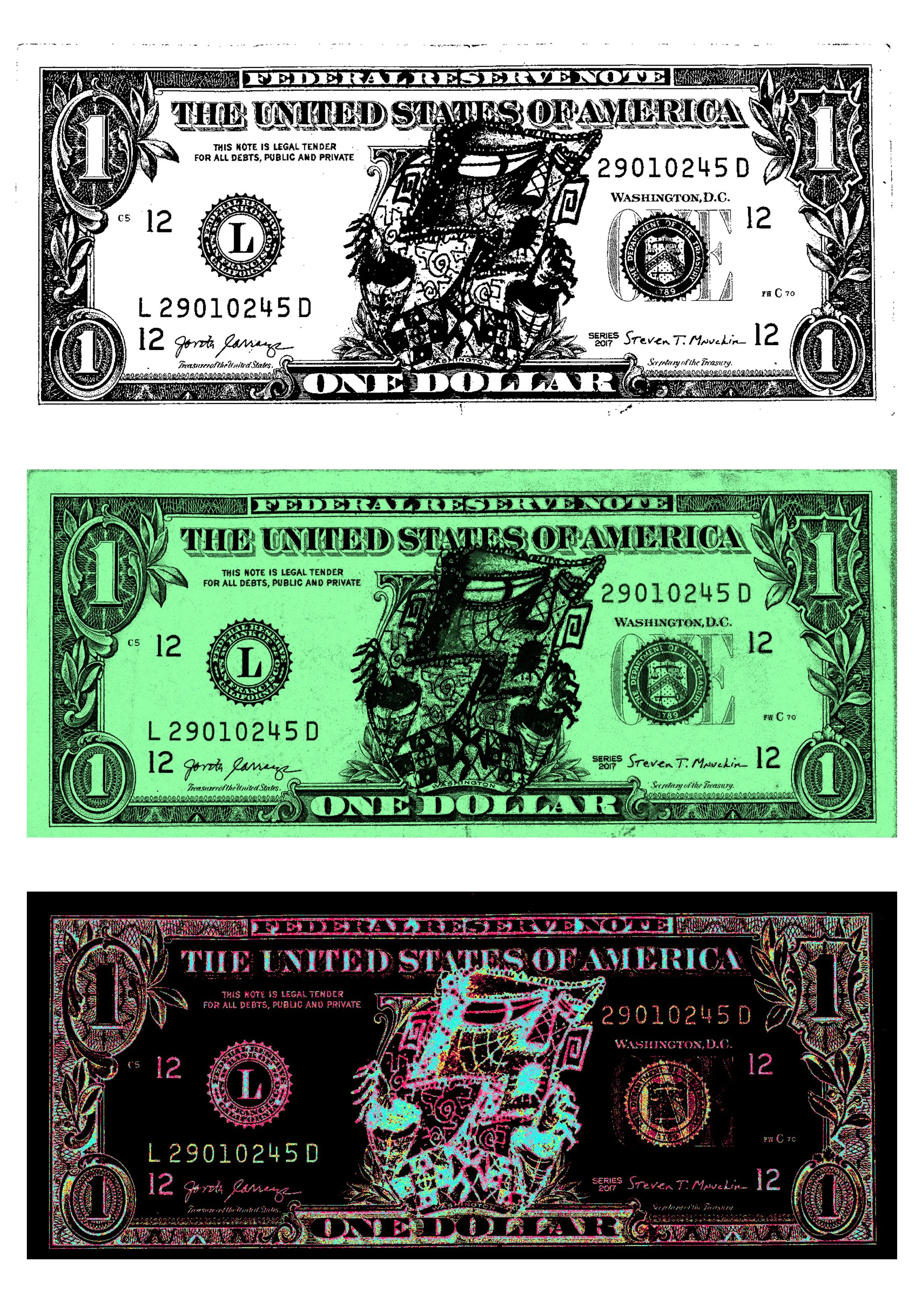 "BREAKOUT FROM THE BILL"  -                                                              
MEDIUM: PEN ON DOLLAR BILL & DIGITALLY EDITED