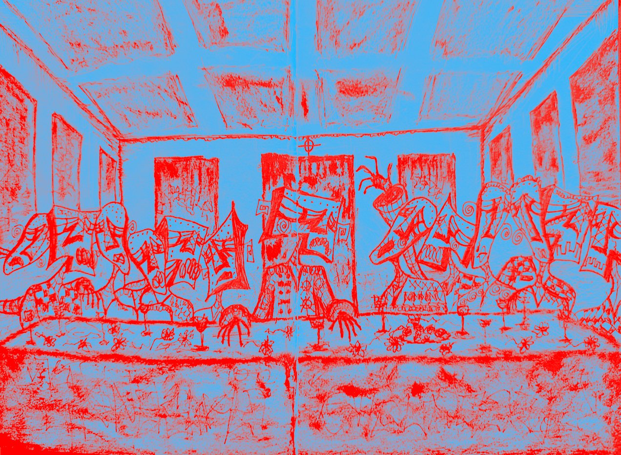 "FINAL DINNER, BLUE & RED"  -                                                              
MEDIUM: INK, PEN & PENCIL ON PAPER & DIGITALLY EDITED