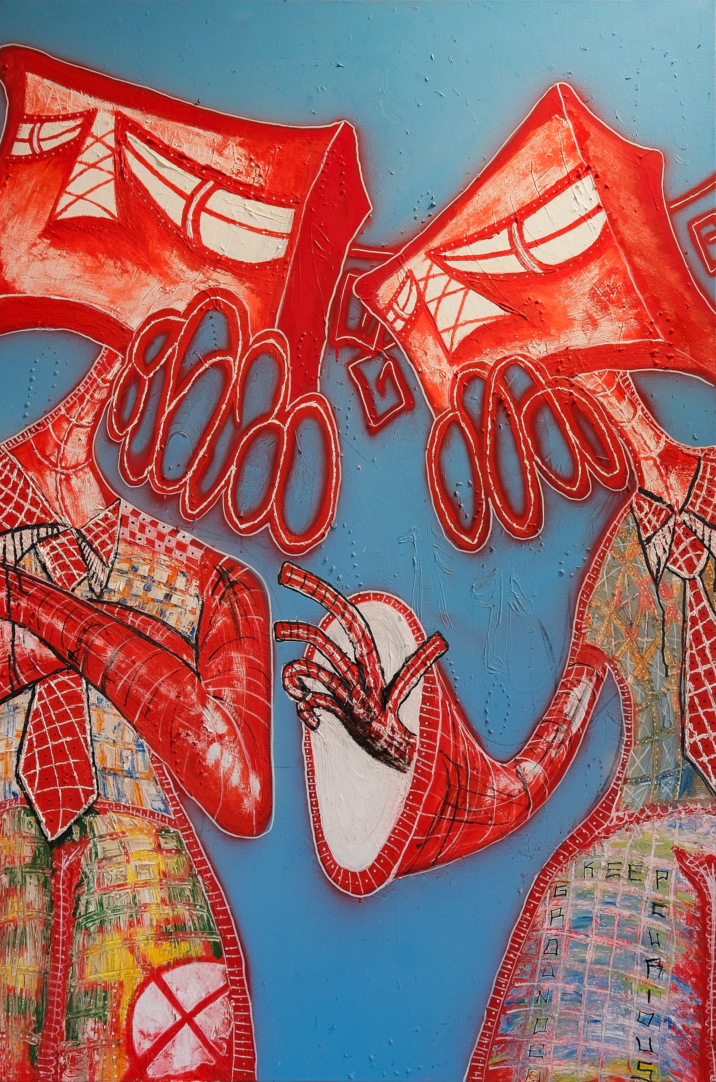 "EXPLORERS" - MEDIUM: SPRAYPAINT, OIL PAINT & INK ON CANVAS - DIMENSIONS: 100 x 150 CM