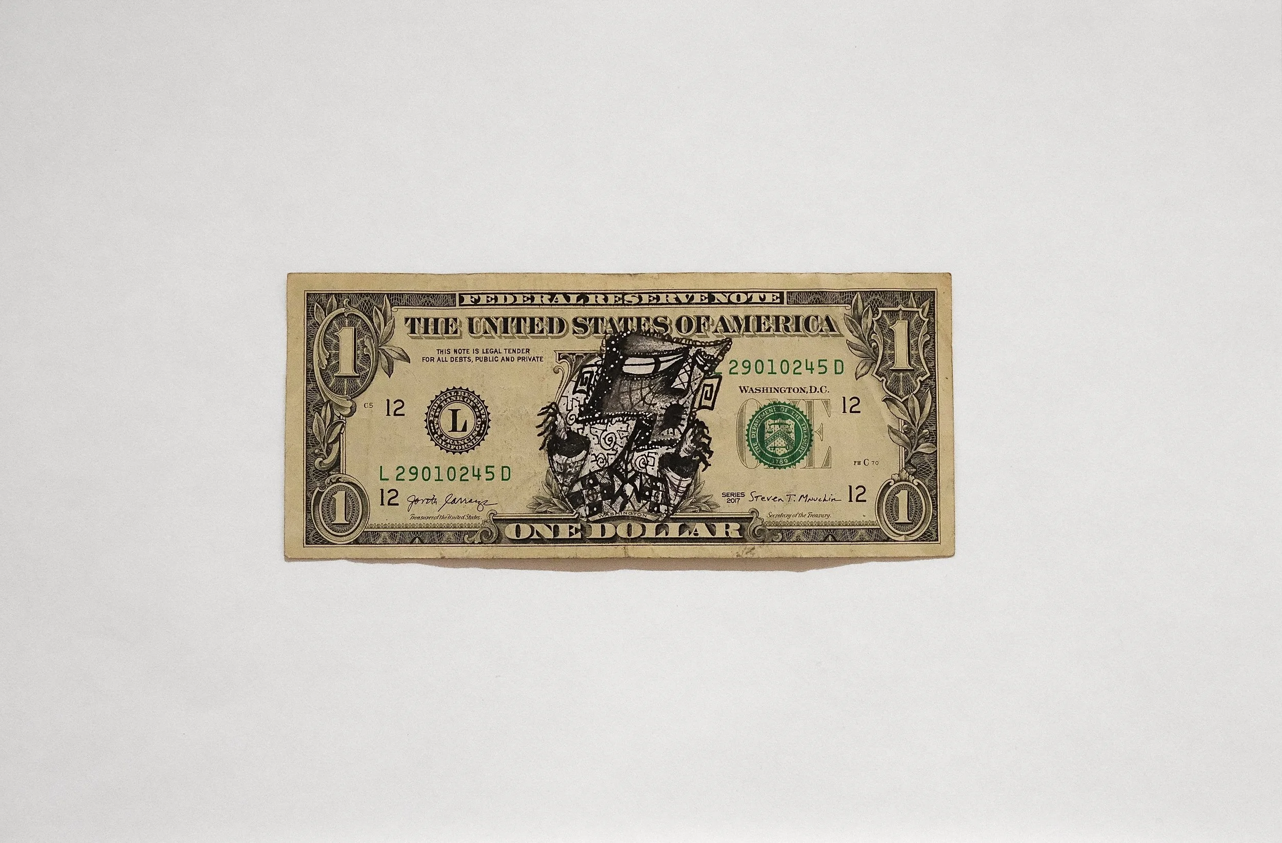 "BREAKOUT FROM THE BILL"  -                                                              
MEDIUM: PEN ON DOLLAR BILL, ON GESSO BOARD